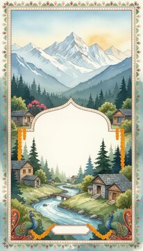 Himalayan Village Mountain Valley Watercolor Frame Background with River Peacocks and Marigold Garlands