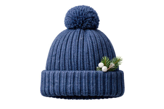 Blue knit pom pom winter hat with holiday greenery