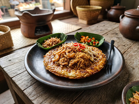 Traditional Kerak Telor Betawi Omelette Served with Dried Shrimp Ebi, Serundeng Coconut, and Fried Shallots in Clay Plate on Wooden Table