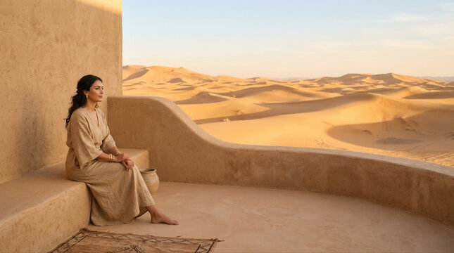 Peaceful woman appreciating the beauty of the desert highlighting skin health in a calm setting
