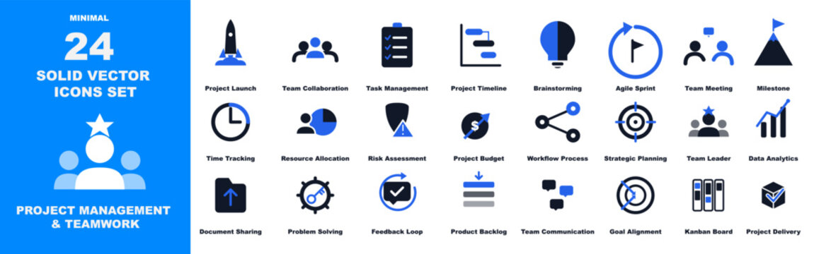 Project management and teamwork solid vector icon set with collaboration, planning, task management, workflow and business strategy symbols