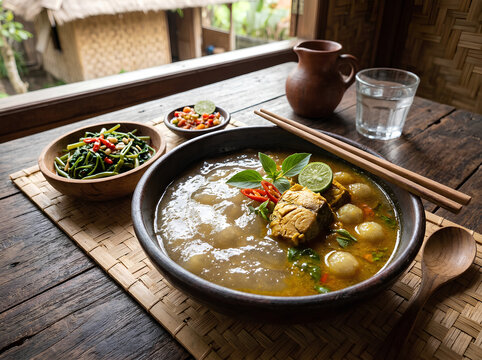 Traditional Papeda Warm Soup Served with Yellow Fish Curry, Water Spinach, Chili Sambal, and Wooden Utensils in Rustic Bamboo Setting