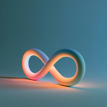 A warm glowing nightlight shaped like a rainbow infinity symbol sits against a powder blue background creating a cozy atmosphere.