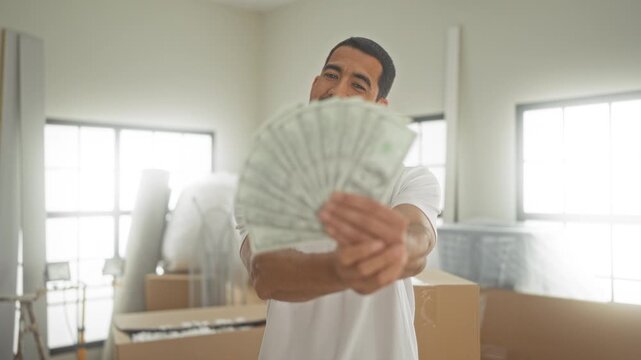 Man smiling, holding a fanned stack of dollars with right hand while standing among moving cardboard boxes in a building; celebration success joy.