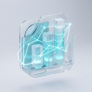 Futuristic glass folder icon with glowing data charts and network lines