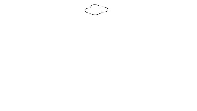 Charming preschool coloring book motion graphic featuring a sunrise, mountain peaks, flowing river, trees, clouds, and a small cabin. Created in a simple preschool coloring book style for children