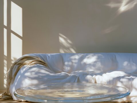 White sofa with glass coffee table in serene sunlit interior