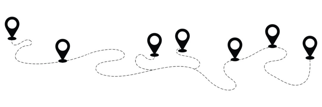 airplane routes flight path vector with location pins, airplane line path icon showing air plane flight route, start point and dash dotted line trace for travel navigation, aviation, transportation, j