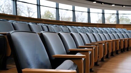 Fototapeta premium Rows of empty auditorium seats with wooden armrests and large showing trees outside
