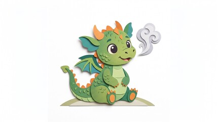 Naklejka premium A cute green baby dragon illustration sitting and breathing a small puff of smoke.