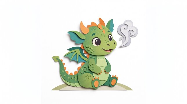 A cute green baby dragon illustration sitting and breathing a small puff of smoke.