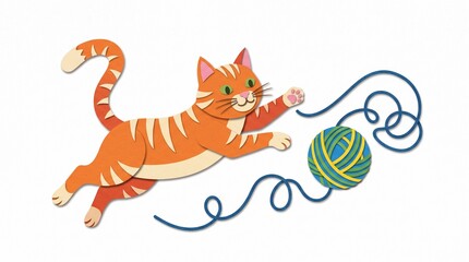 Fototapeta premium A cute orange tabby cat playing with a ball of yarn in a flat illustration style.