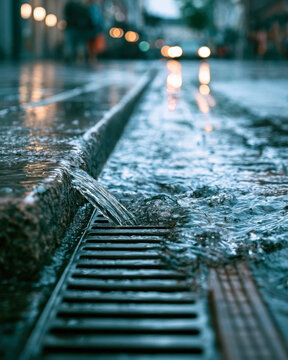 Water flowing into storm drain on wet city street