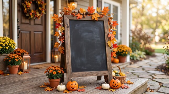 A blank chalkboard decorated with autumn leaves stands on a wooden porch surrounded by pumpkins, flowers, and lanterns in a cozy fall setting.