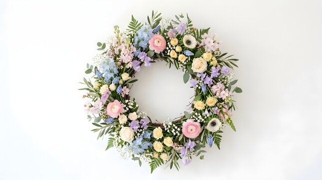 Floral wreath made of pastel spring flowers isolated on a clean white background, elegant seasonal decoration, high detail, no text, no logo, no watermark.