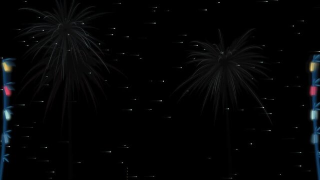 Panoramic night sky display featuring exploding fireworks over tropical palm trees with glowing blue bamboo structures dark palm tree silhouettes filled colorful exploding