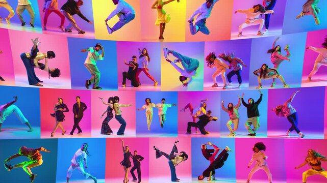 Vibrant dance scenes form colorful mosaic of diverse performers in stop motion. Concept of creative movement, dance culture, visual rhythm and energetic entertainment.