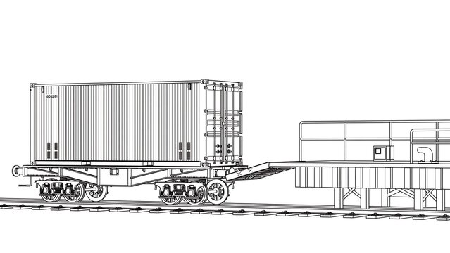 Freight train car on tracks white background.