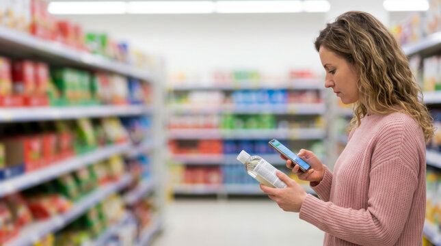 A woman stands in a grocery store aisle looking at her phone while holding a bottle in her other hand. Shelves filled with products are in the background