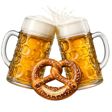 Two Beer Steins with Pretzel and Foam Splash