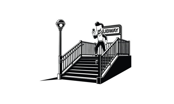 Retro cartoon man holding ice cream at a subway station entrance