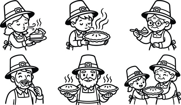 Black and white thanksgiving pilgrim family line art serving homemade pie in cheerful cooking scenes