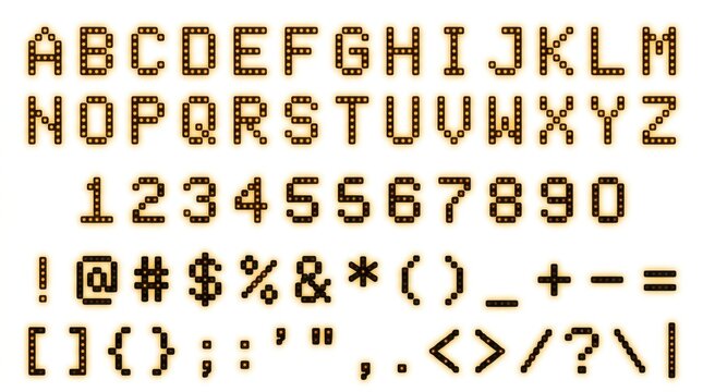 Pixel art alphabet and numbers set with a retro arcade game style design
