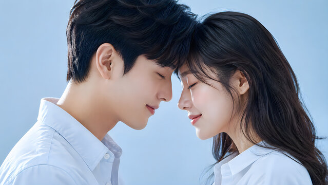 Young romantic couple in white shirts touching foreheads with closed eyes against blue background expressing love and tenderness.