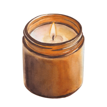 Watercolor Burning Candle in Brown Jar Isolated