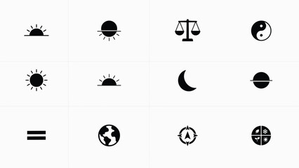 Fototapeta premium Minimalist celestial and balance symbols arranged in clean grid format with globe symbols organized rows Black white icons sun symbolic representation symbolic design planet
