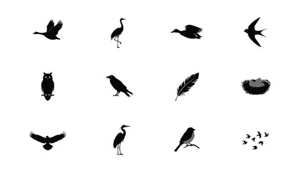 Naklejka premium Black and white bird silhouettes flying perched and nesting in minimalist style with Nine stylized black silhouettes birds various poses against plain background illustration