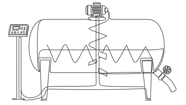 Industrial mixing tank diagram white background.