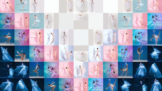 Pastel ballet tiles shift across screen in seamless rhythmic collage. Concept of stop motion animation, choreographic variety, visual rhythm, graceful movement and creative performance.