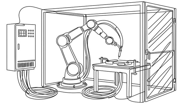 Industrial robotic arm in factory white background.
