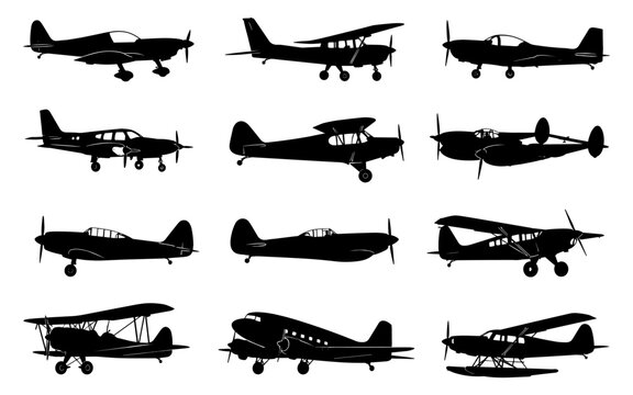 Propeller airplane silhouette collection with twelve different aircraft featuring single and twin engines, landing gear, wings and classic aviation designs in side view