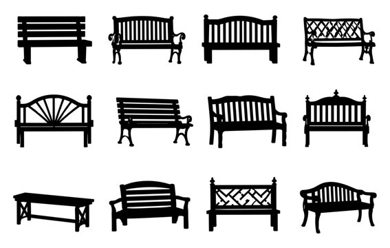 Garden bench silhouette collection with twelve different outdoor seats featuring wooden slats, decorative backs, armrests and varied classic park furniture