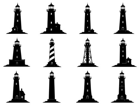 Lighthouse silhouette collection with twelve different coastal towers featuring lantern rooms, balconies, windows and varied architectural forms for nautical