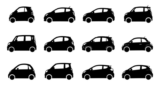 Compact car silhouette collection with twelve different small passenger vehicles shown from side view in varied modern urban automobile shapes