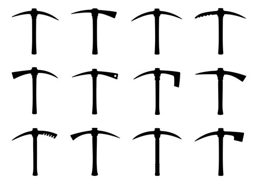 Pickaxe silhouette collection with twelve different mining tools featuring pointed heads, axe blades and long handles for construction, excavation and outdoor work