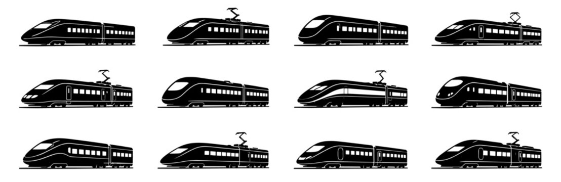 High speed train silhouette collection with twelve different modern passenger trains featuring streamlined aerodynamic fronts, windows and electric railway designs in side view