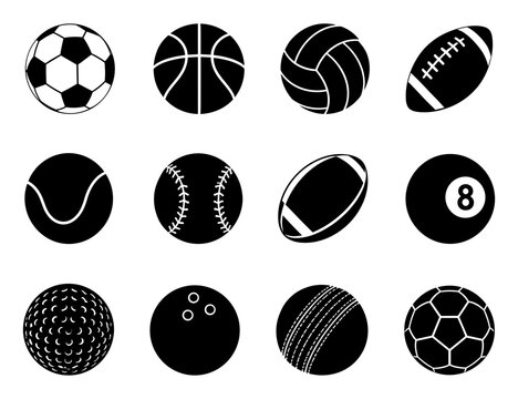 Sports ball silhouette collection with twelve different balls for football, basketball, volleyball, baseball, rugby, billiards, golf, cricket and other popular games