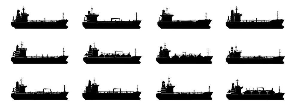 Tanker ship silhouette collection with twelve different cargo vessels featuring deck equipment, storage tanks and maritime structures for commercial shipping