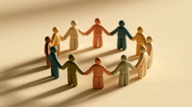 Clay figures in various colors hold hands in a circle. They symbolize unity and togetherness in a simple cream background.