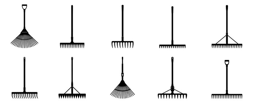Garden rake silhouette collection with ten different hand tools featuring straight handles, fan heads and varied tine designs for gardening and landscaping projects