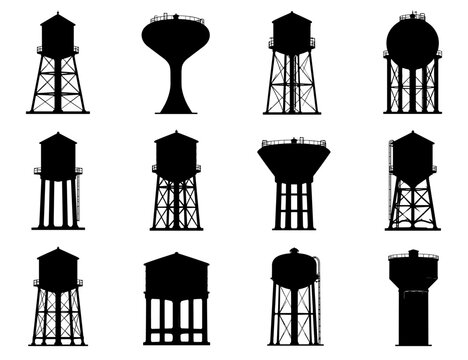 Water tower silhouette collection with twelve different elevated storage tanks featuring steel supports, ladders, railings and varied industrial structures for infrastructure projects
