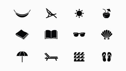 Fototapeta premium Collection of black and white icons representing leisure activities with illustrating beach vacation vacation related items items pastimes simple sunny day set icons summer
