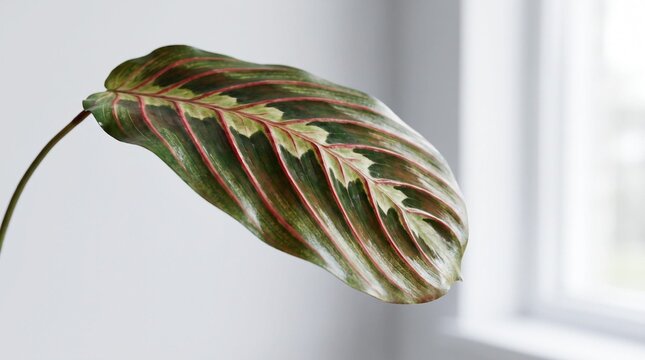 Artificial maranta leaf, Single maranta leaf with red veins in natural light near window  