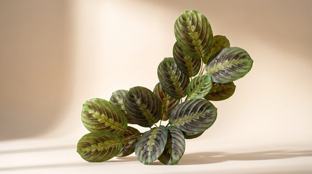 Artificial maranta leaf, Maranta leuconeura branch with green patterned leaves on beige background  