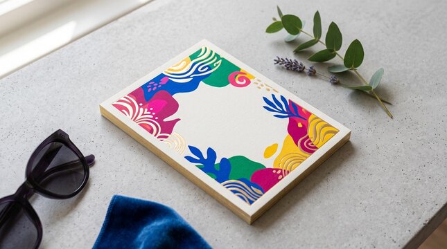 fashion week invitation card, Colorful notebook with abstract cover on table next to sunglasses and leaves  