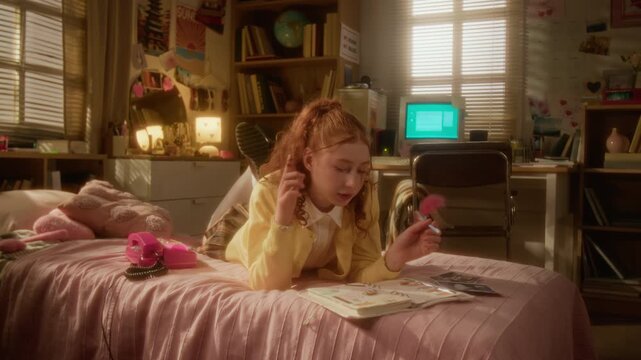 Caucasian teenage girl lying on bed, blowing bubble gum, looking at photos, and writing in diary in retro bedroom, camera zooming in. Footage is perfect for nostalgic youth lifestyle campaigns